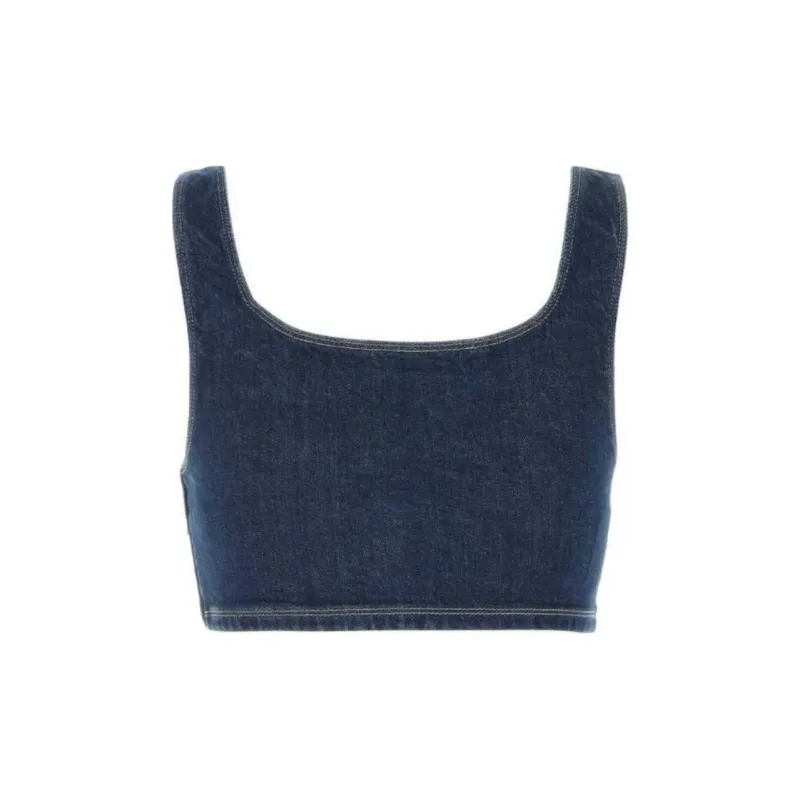 MIU MIU Logo Embroidered Denim Cropped Top-1