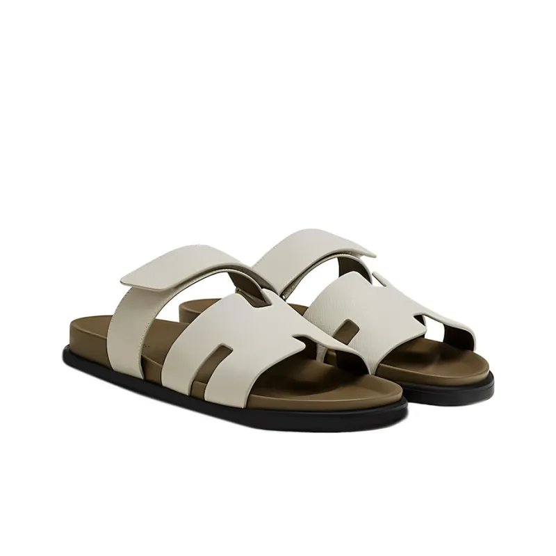 HERMES Chypre Sandal Beige Glaise Vert Toundra Grained Leather M-3