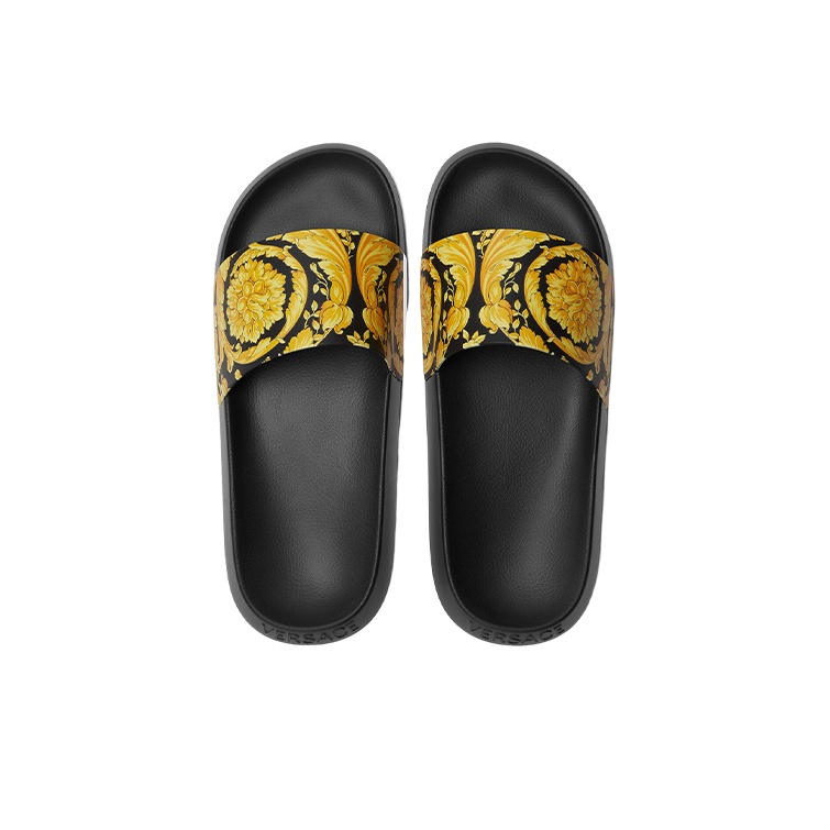 ヴェルサーチェ Rubber Slides ゴールドロゴ ブラック 男女兼用 VERSACE Baroque Pool Slide Black Gold Shoe Box Included US M