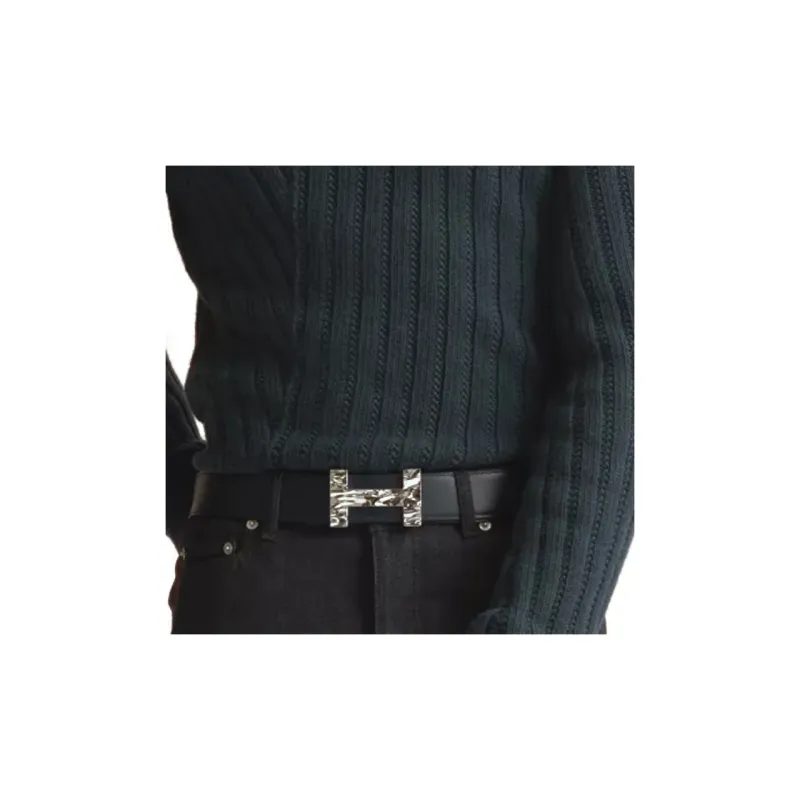 HERMES Quizz H2O Quizz H2O Silver Buckle Togo Calfskin Double Sided Leather Belt Men's Black Width 3.8cm-1