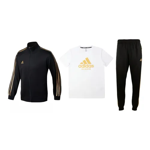 Adidas Casual Sportswear Men Set Black Base With Gold Stripes Coats+White T-Shirts+Black Pants