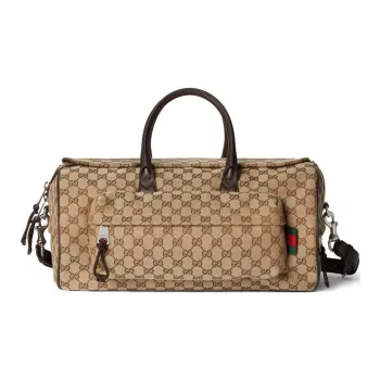 GUCCI Canvas With Leather Trim One Shoulder Crossbody Portable Travel Bag Medium Size Men's Beige & Ebony