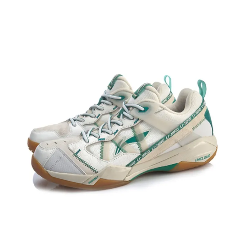 LiNing Cushioning Anti Slip And Wear Resistant Rebound Low Top Badminton Shoes Men's White Gray Green-2