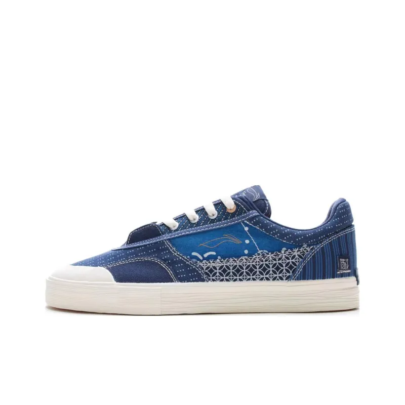 LiNing 50/50 Job Interview Vintage Fabric Durable Breathable Low Top Skateboard Shoes Men's Blue White-1