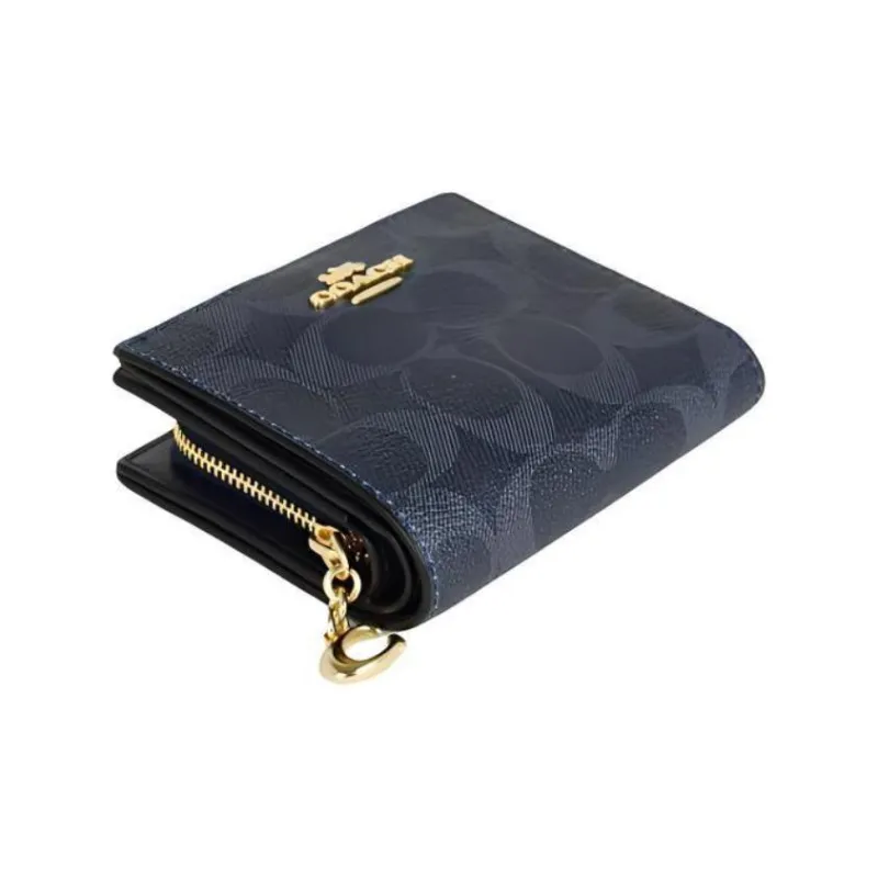 COACH Snap Wallet Coated Canvas And Smooth Leather Card Holder Wallet Unisex Denim Blue-1