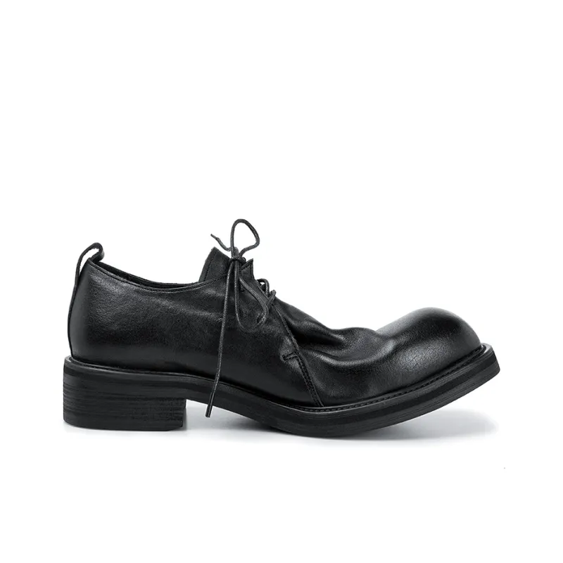 HUANXIANGZHE Japanese Style Round Tip Platform Genuine Leather Casual Shoes Men's Black-1