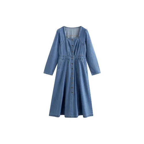 Initial language Long-Sleeved Dresses Women's Denim Blue