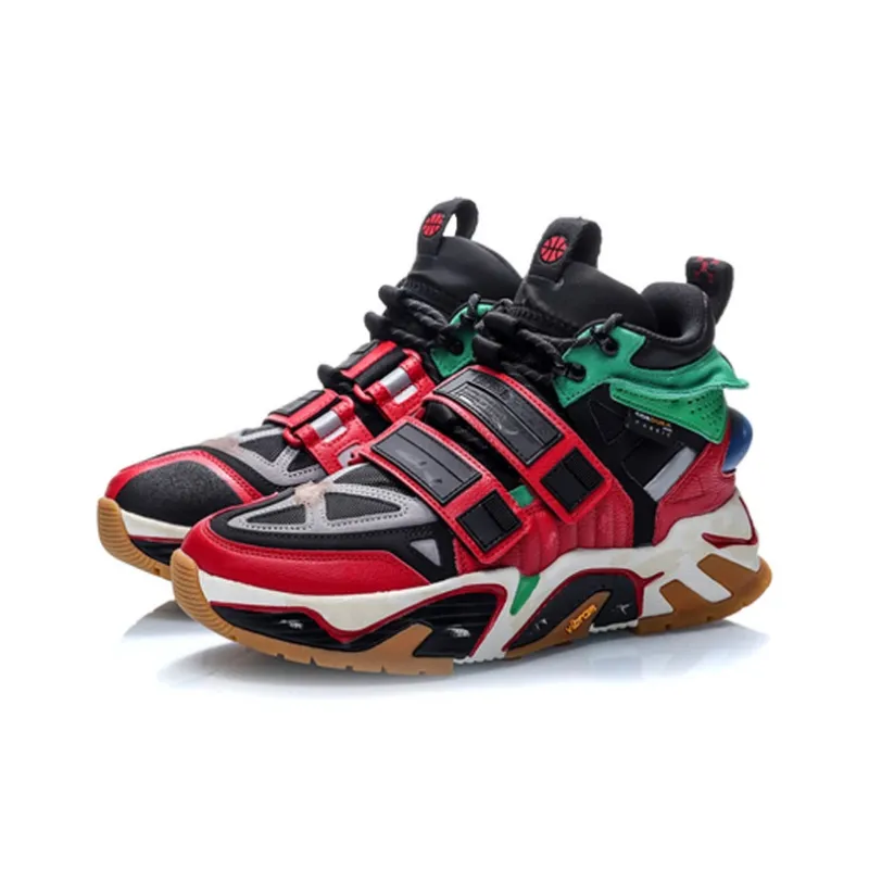 LiNing Slip Resistant Coverage Warm High Top Vintage Basketball Shoes Men's Black Red Green-2