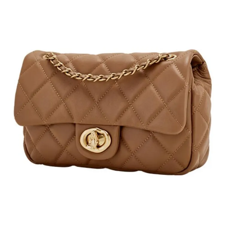 Hush Puppies Cow Leather Patchwork Synthetic Leather Crossbody Bag Shoulder Bag Medium Size Women's Brown-1