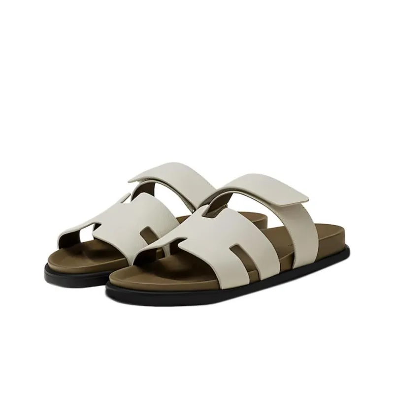 HERMES Chypre Sandal Beige Glaise Vert Toundra Grained Leather M-2