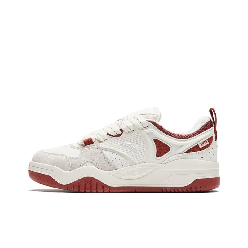 Anta Sea Salt Puffy Shoes Slip-Resistant Cushioning Wear-Resistant Low-Top Skateboard Shoes Women's White Red-0