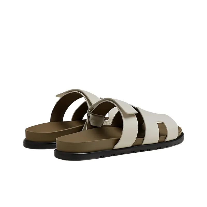 HERMES Chypre Sandal Beige Glaise Vert Toundra Grained Leather M-4