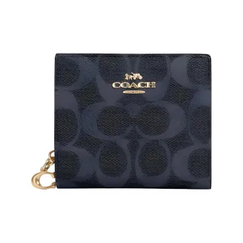 COACH Snap Wallet Coated Canvas And Smooth Leather Card Holder Wallet Unisex Denim Blue