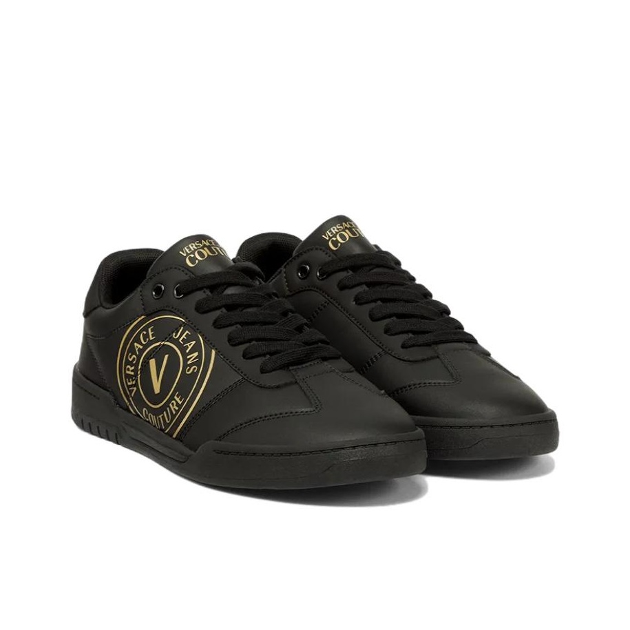 【送料&関税込】Versace Logo Detail Leather Sneakers Versace Men's Medusa Logo Black Leather Sneakers Shoes US 7