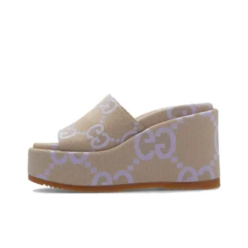 GUCCI Jumbo Gg Platform Slide Sandal Beige Light Blue Canvas Women's
