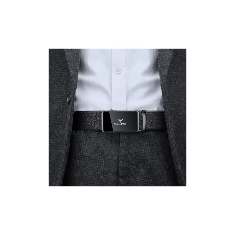 WilliamPOLO Cow Leather Leather Belts Men's Gunmetal Buckle Silver Logo Width  3.5cm-4