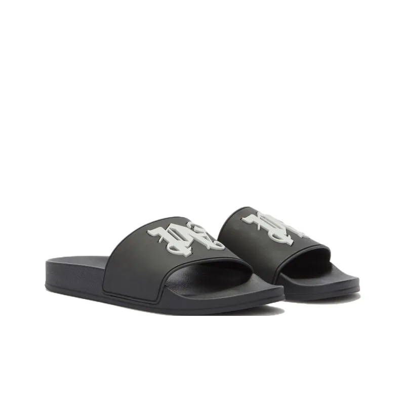 PALM ANGELS Pa Monogram Pool Slides Black Light Grey-2