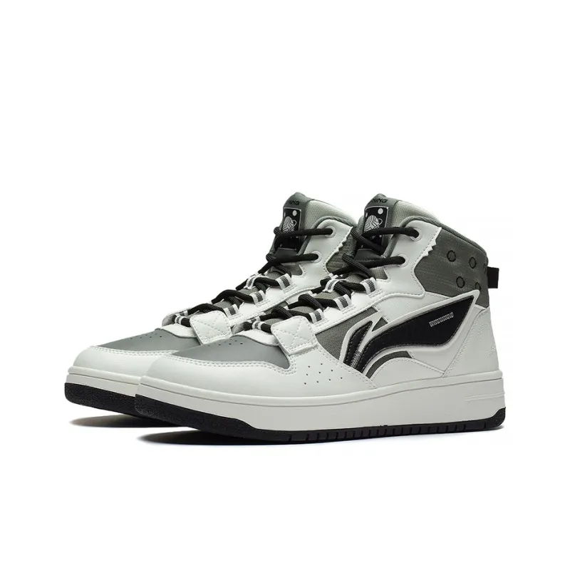 LiNing Mountain Plain Slip Resistant, Abrasion Resistant, Lightweight High Top Skateboard Shoes Men's White Gray Green-2
