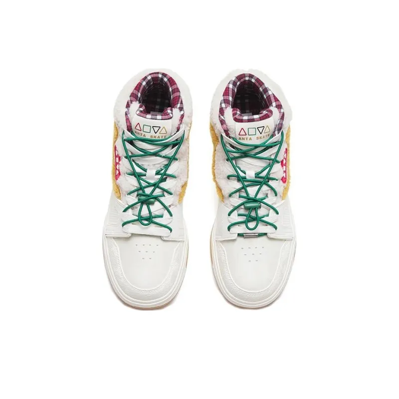 Anta Qiuyou Cushioned Warm Anti Slip And Wear Resistant Mid Top Skateboard Shoes Women's White Brown Green-2