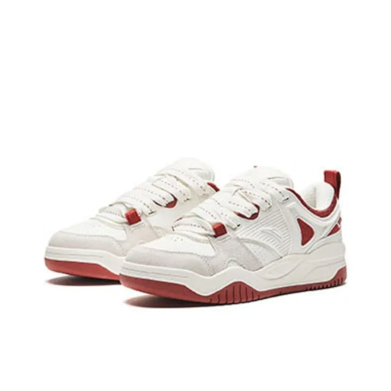 Anta Sea Salt Puffy Shoes Slip-Resistant Cushioning Wear-Resistant Low-Top Skateboard Shoes Women's White Red-1