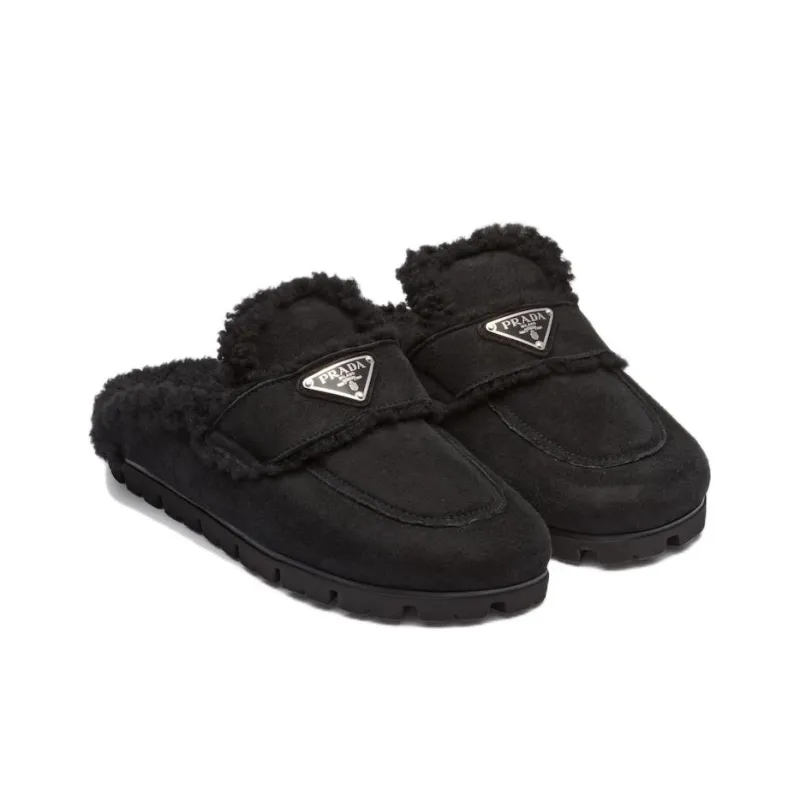 PRADA Triangle-logo Shearling Slippers-3