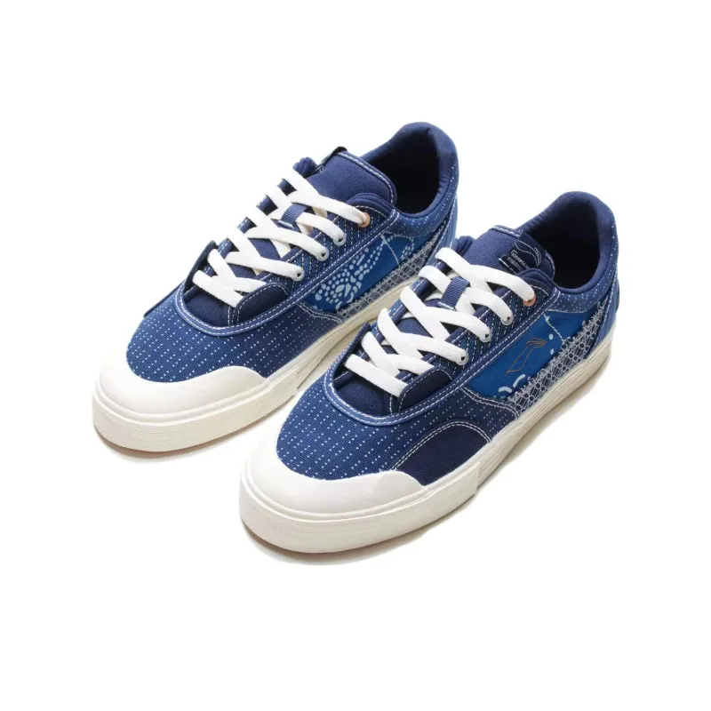 LiNing 50/50 Job Interview Vintage Fabric Durable Breathable Low Top Skateboard Shoes Men's Blue White-2