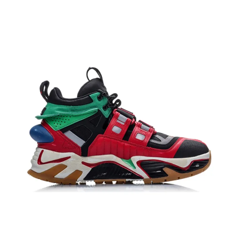 LiNing Slip Resistant Coverage Warm High Top Vintage Basketball Shoes Men's Black Red Green-1