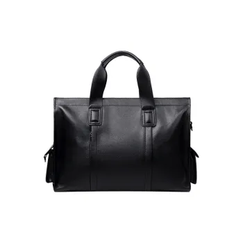 PESASRIE Top Grain Cow Leather Briefcase Laptop Bag Handbag Regular Men's Black