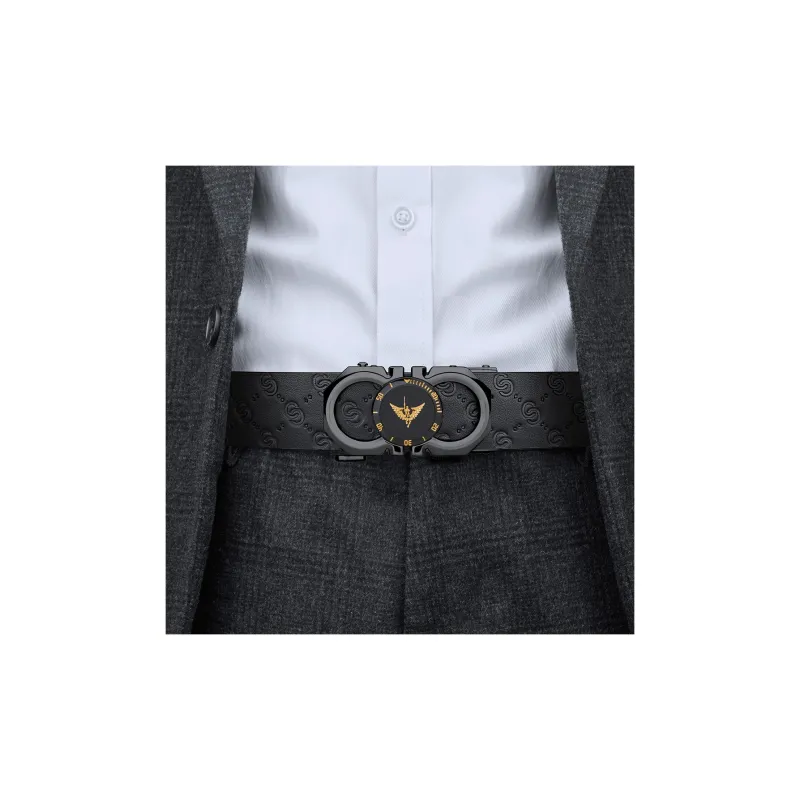 WilliamPOLO Cow Leather Leather Belts Men's Gunmetal Buckle With Gold Logo Embossed Strap 3.5cm Width-6
