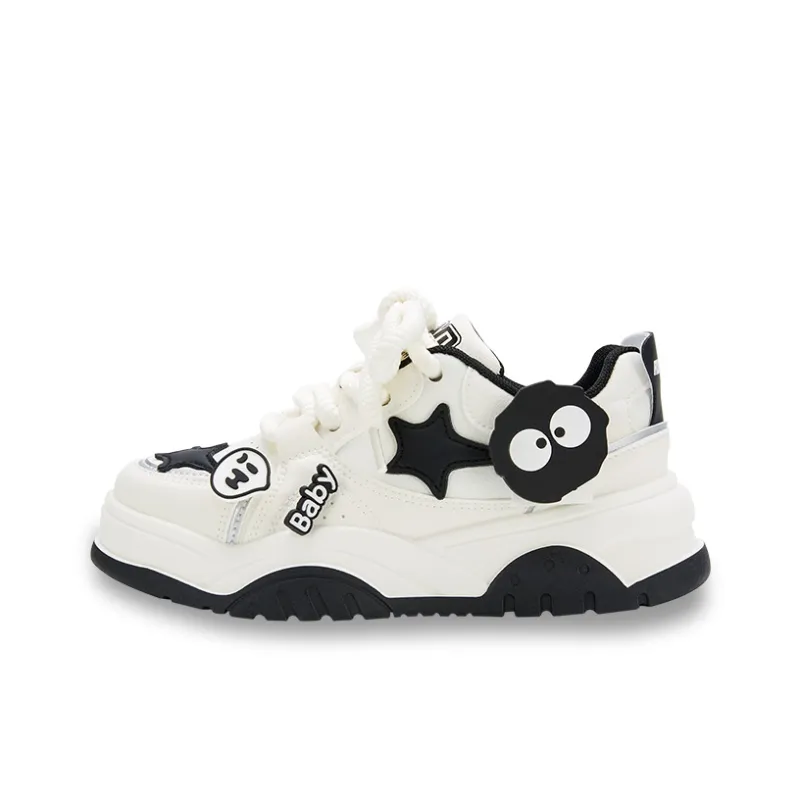 RUN MANNER Trendy Puffy Shoes Abrasion Resistant Slip Resistant Low Top Skateboard Shoes Women's Black White-0