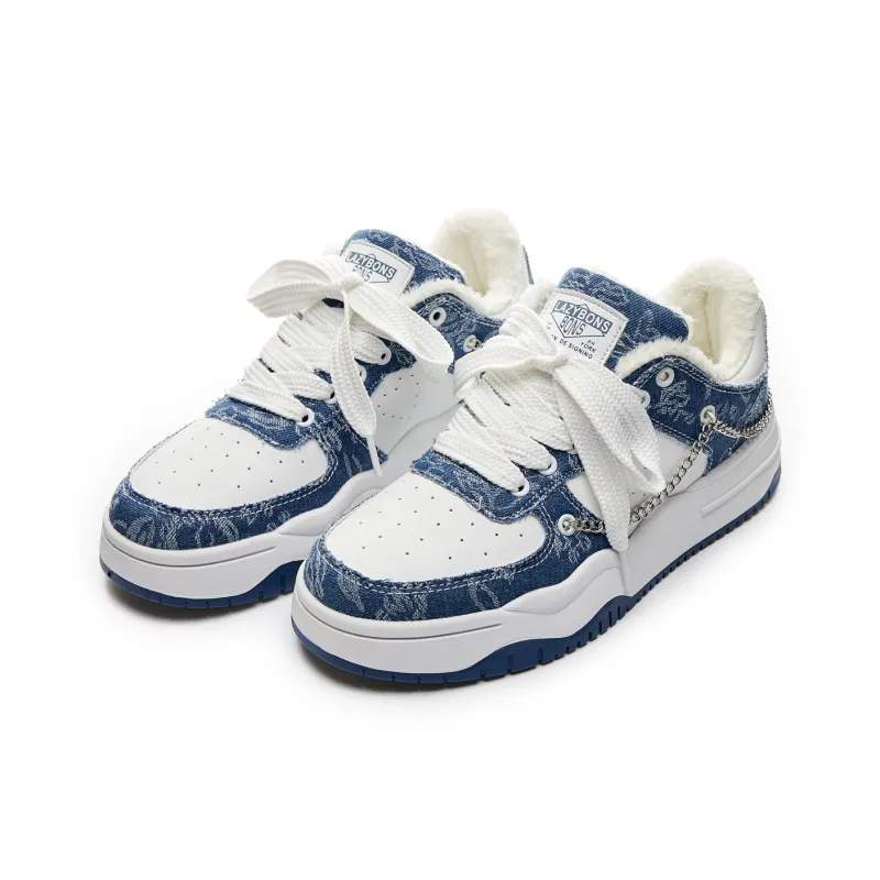 LAZY BONS Warm Height Increasing Wear-Resistant Slip-Resistant Low-Top Fleece-Lined Skateboard Shoes Unisex Blue-2