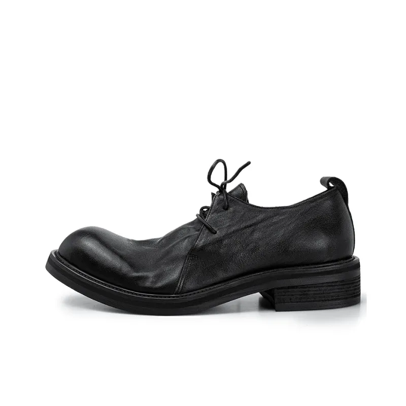 HUANXIANGZHE Japanese Style Round Tip Platform Genuine Leather Casual Shoes Men's Black-0