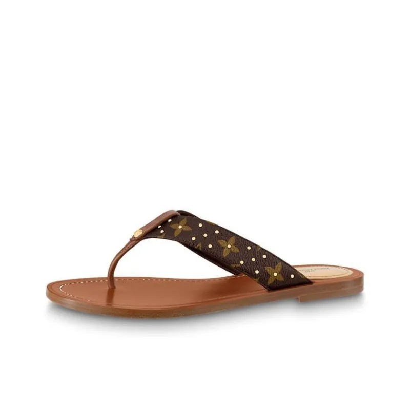 LOUIS VUITTON Genuine Leather Sole Odor-Resistant Flip Flops Men's Brown-0