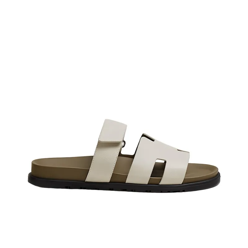 HERMES Chypre Sandal Beige Glaise Vert Toundra Grained Leather M-1