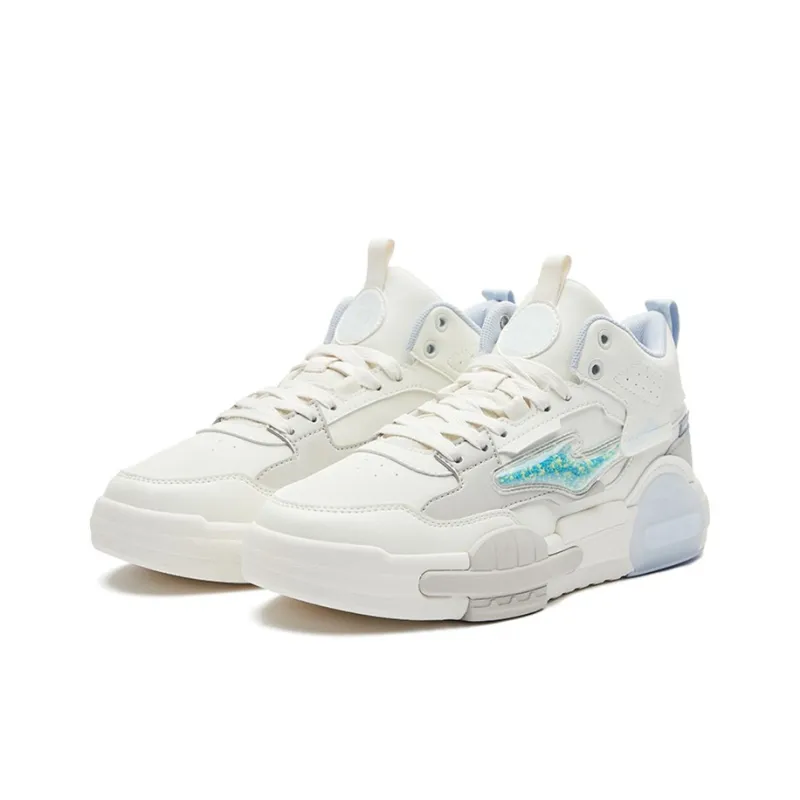 Erke Cream Mid Top Skateboard Shoes Women's White Blue-1