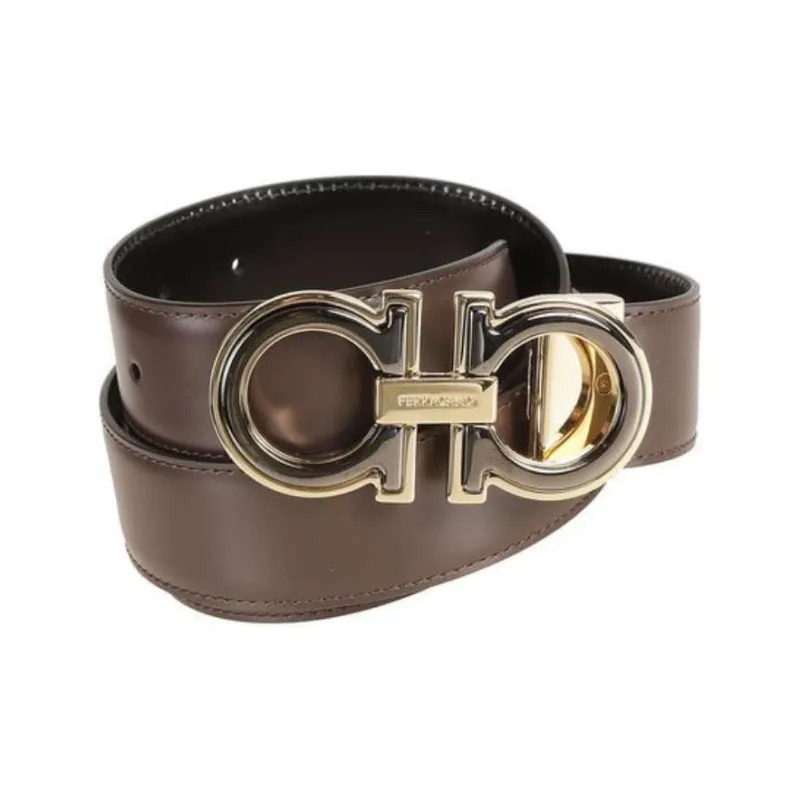 FERRAGAMO Double-Sided Gancini Buckle Design Calfskin Leather Belts Men's Brown --1