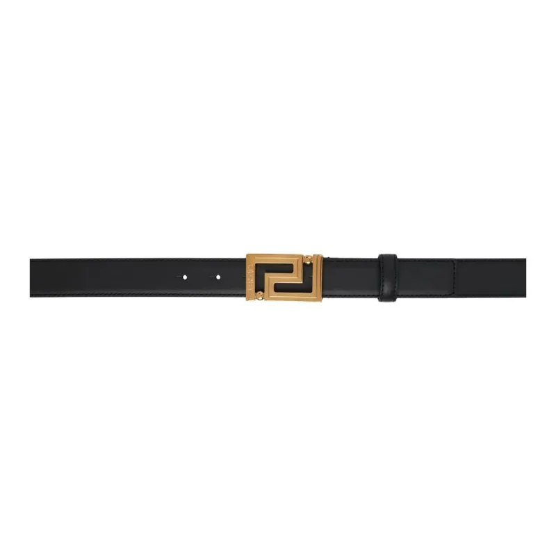 VERSACE Greca Emblem Detail Smooth Buckle Leather Belts Men's Black 3CM-0