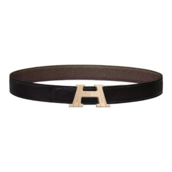 HERMES Logo Sign Calfskin Brass Metal Leather Belts Men's Black Width 3.2CM