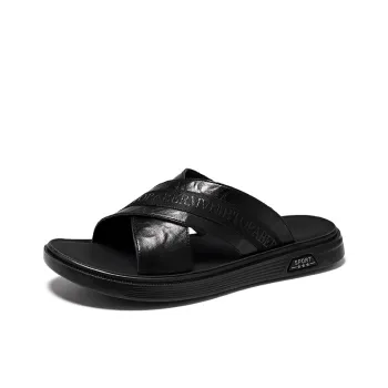 V ZERO FIVE Rubber Sole Leather Patchwork Slip-Resistant Abrasion-Resistant Slide Slippers Men's Black Youth Trends