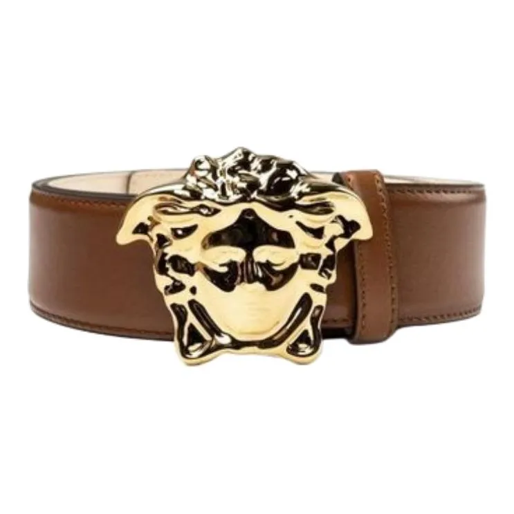 VERSACE Solid Color Design Calfskin Leather Belts Men's Brown-0
