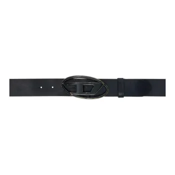 DIESEL Snap Closure With Emblem Metal Leather Belts Men's Black Width 4CM