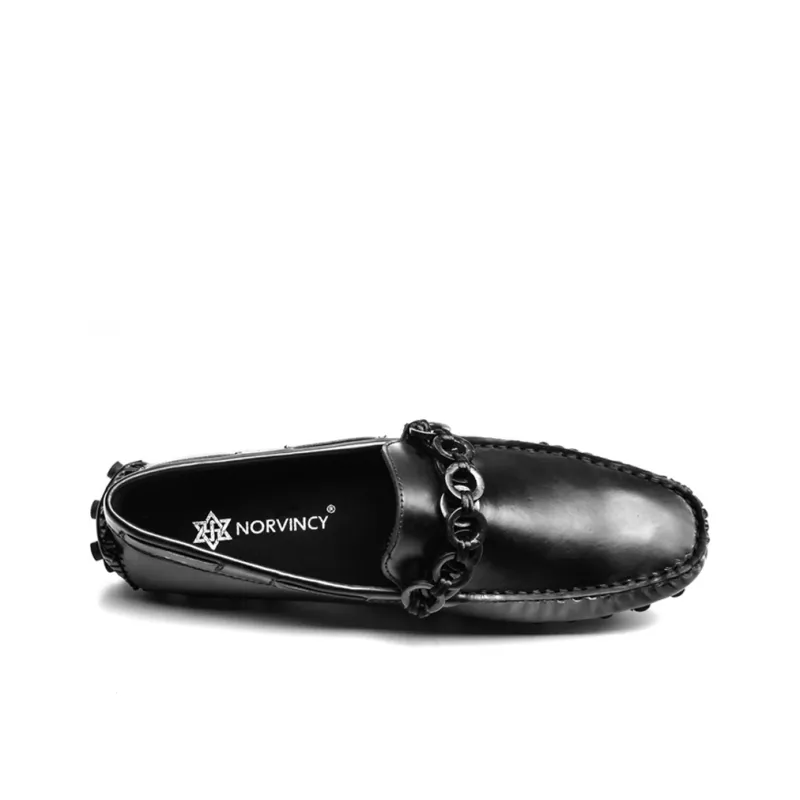 NORVINCY Trendy Man Solid Color Flat Toe Black Small Leather Shoes Unisex-1