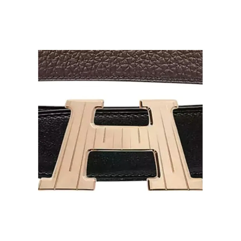 HERMES Logo Sign Calfskin Brass Metal Leather Belts Men's Black Width 3.2CM-1