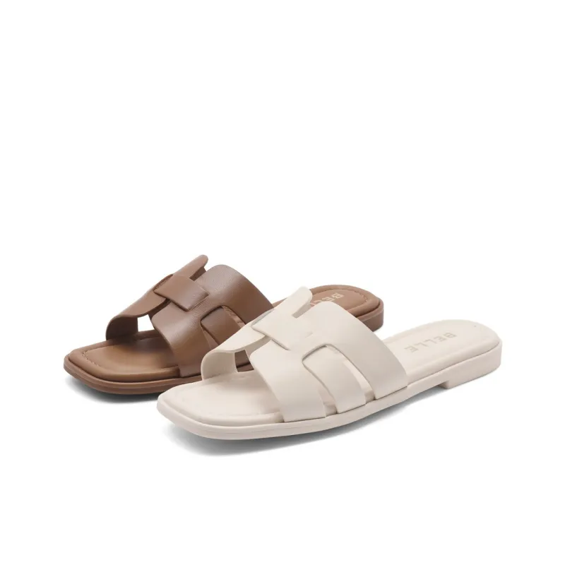 BELLE Rubber Sole Abrasion-Resistant Slide Slippers Women's Ecru Brown-9