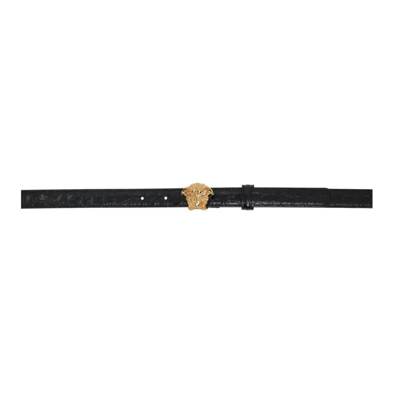 VERSACE Pattern Design Calfskin Leather Belts Women's Black Width: 2CM-0