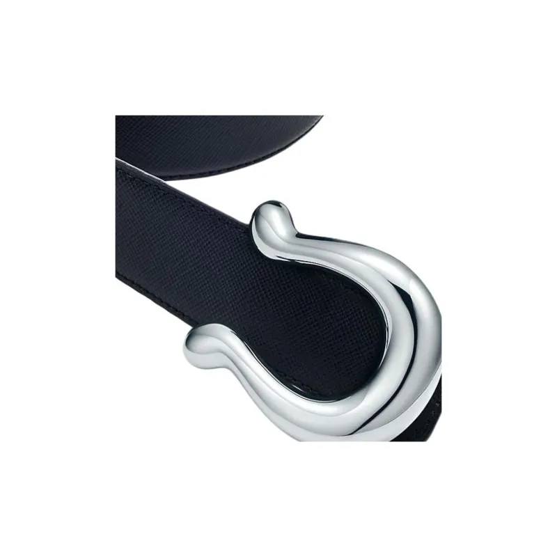 TIFFANY & CO. Letter Logo Sterling Silver Leather Belts Men's Black --1