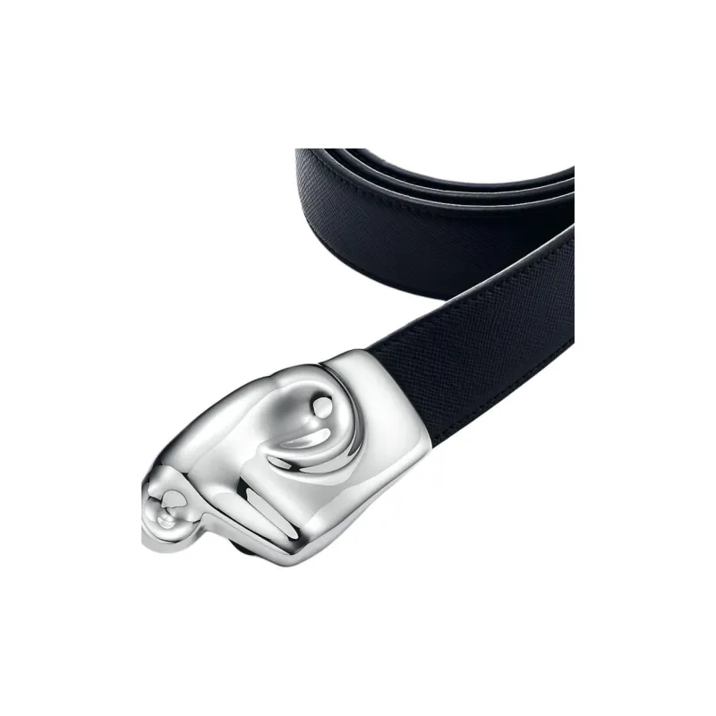 TIFFANY & CO. Solid Color Design Sterling Silver Leather Belts Men's Black --1