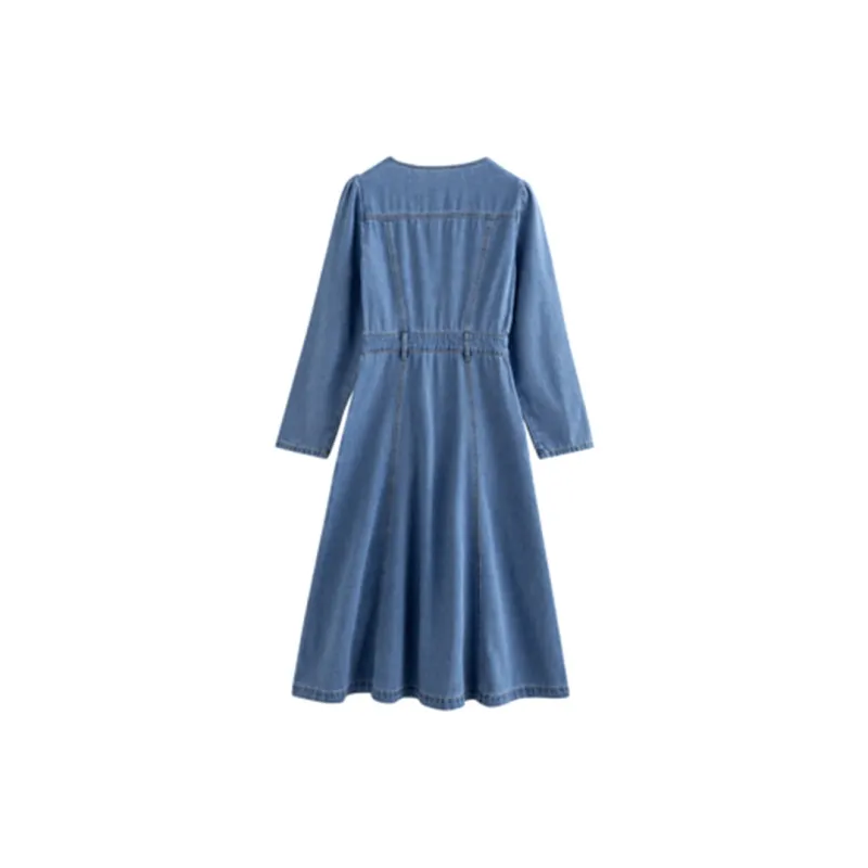 Initial Language Long Sleeved Dress Women's Denim Blue-1