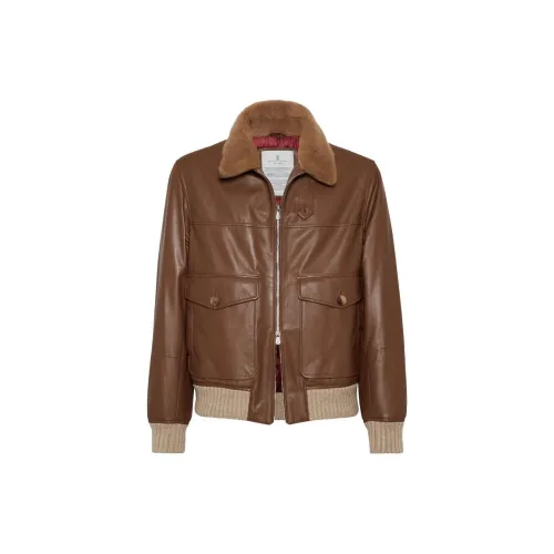 Brunello Cucinelli Leather Jackets Men Chocolate Brown