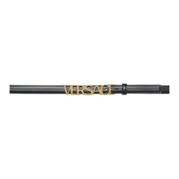 VERSACE Emblem Letter Logo Smooth Buckle Calfskin Leather Belts Men's Black